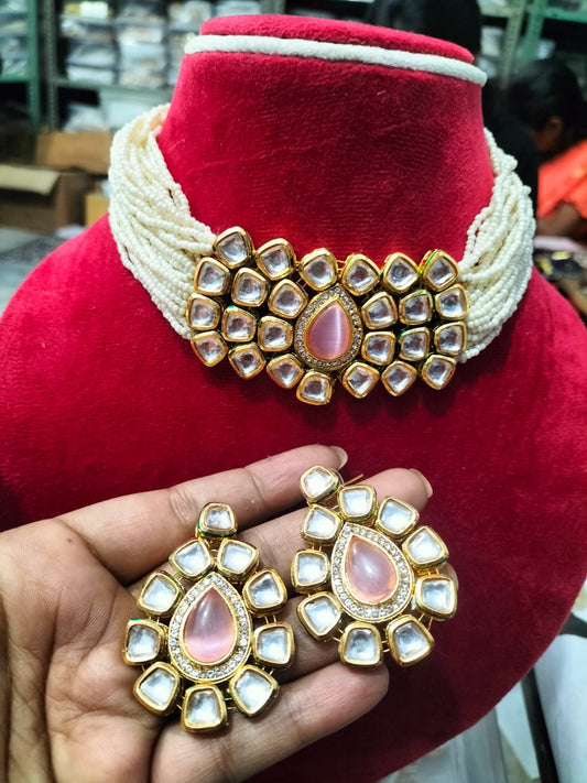 Kundan pearl choker with monalisa stones