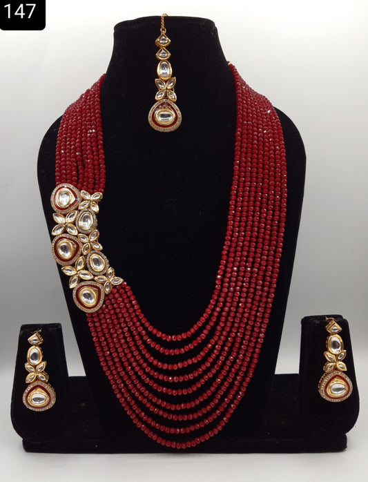 Crystal beads mala with kundan Meenakari broach